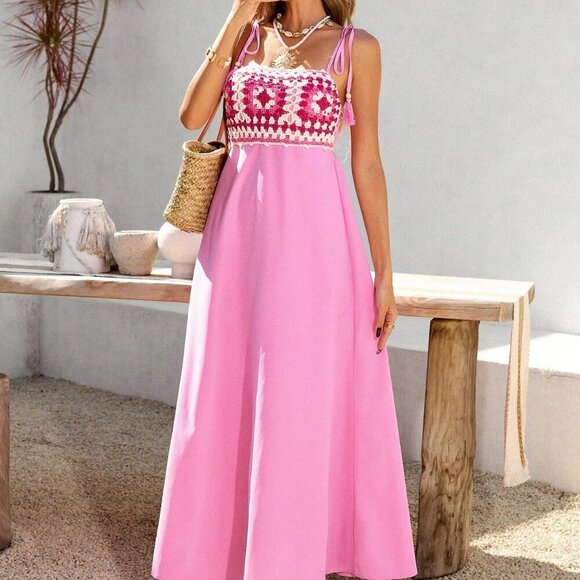 Pink Boho Women's Crochet Splice Spaghetti Strap Maxi Dress - Picture 2 of 7